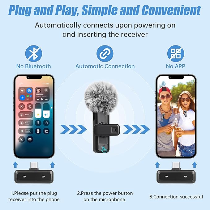 Wireless Lavalier Microphone for iPhone, Mini Mic with LED Display, Plug and Play, Noise Reduction, Phone Microphone for Video Recording, Podcast, YouTube, TikTok (Mic2)