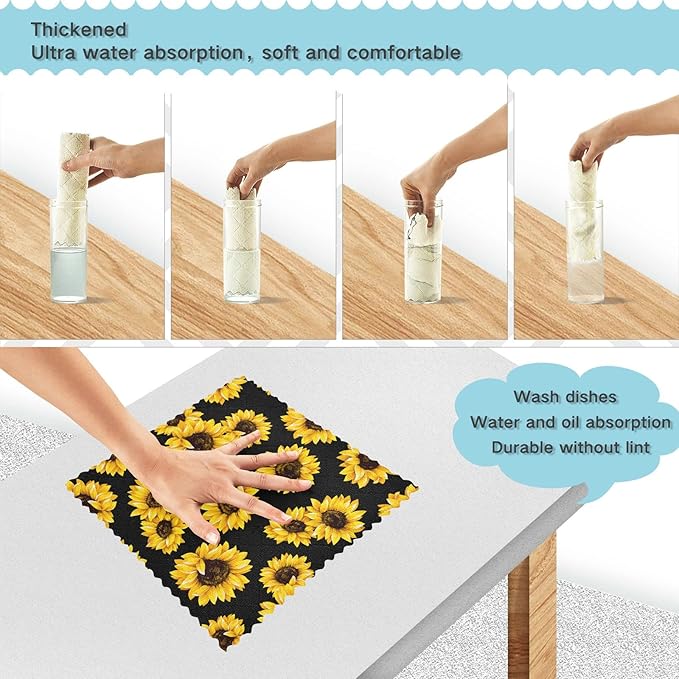 CaTaKu Vintage Sunflowers Microfiber Reusable Cleaning Cloths Kitchen Dish Cloths Dish Rags for Washing Dishes, Sunflower Dish Towels Washcloths for Kitchen Drying, 6 Pack