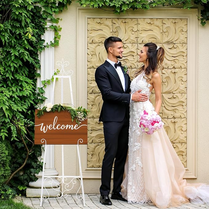 White Easel Stand for Wedding Sign, 55'' Adjustable Vintage Scroll Floor Display Stand with Chain Support for Welcome Poster, Photo, Art, Decorative Event Display