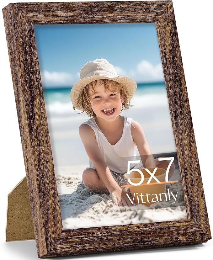 Vittanly 5x7 Picture Frame, Made of Solid Wood and Shatterproof Plexiglass, Wooden Photo Frame for Wall Mounting or Tabletop Display, Picture Frame for Home Decor with Stand, Dark Brown, 1 Pack