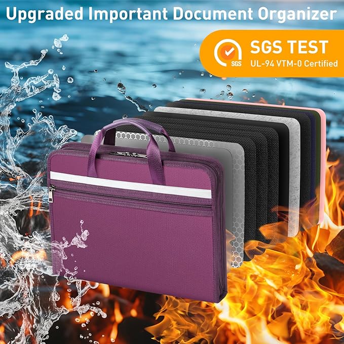 5200℉ Fireproof Document Organizer with 13 Accordion Expanding File Folder, Aluminum Foil Zipper Binder with 30 A4/Letter Sheet Protector, Binder for School Office Home Storage (Purple)