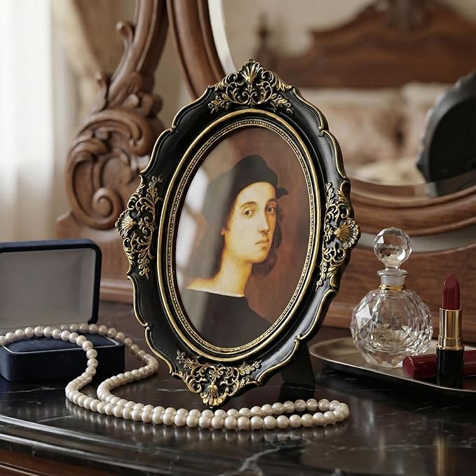 Cuspin 5x7 Picture Frame Black and Gold, Vintage Ornate Baroque Resin Photo Frame with Glass Front for Wall Hanging or Tabletop Display, Oval Frames for Horizontal or Vertical