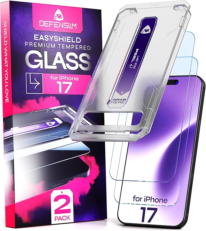 Defenslim for iPhone 17 Screen Protector (2Pack), Easy Auto-Align Install Kit, 6.3" Tempered Glass, 9H Hardness, Ultra HD Clear, Case Friendly, EasyShield