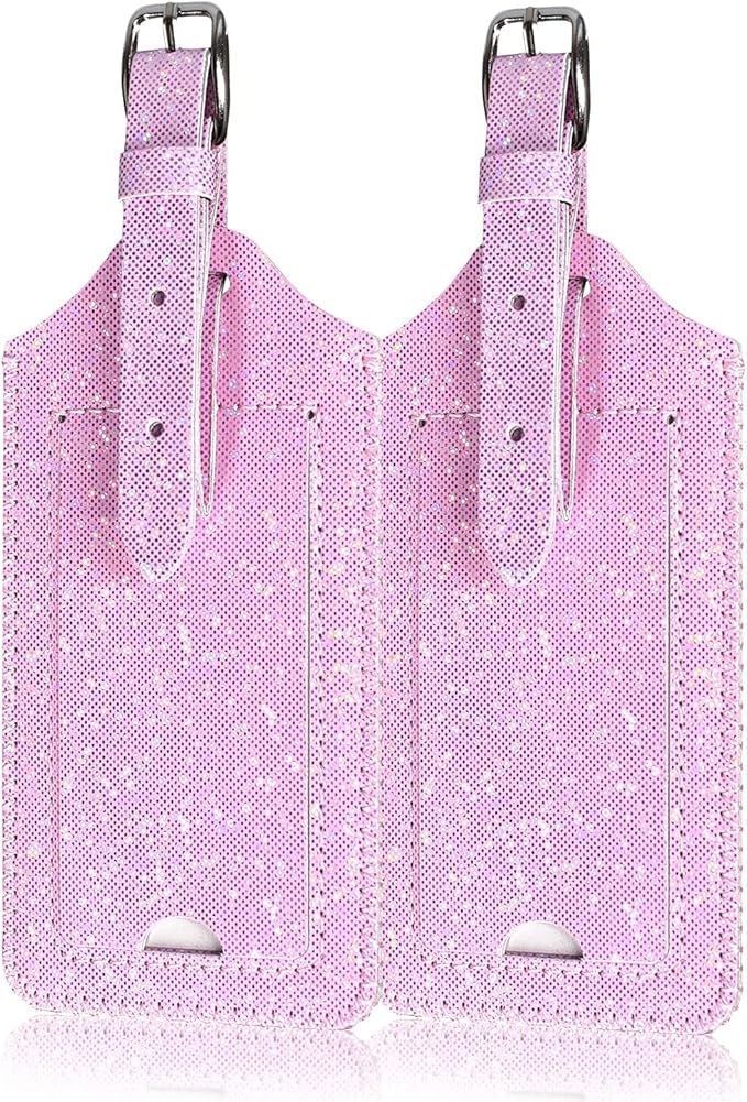 ACdream Luggage Tags 2 Pack, Leather Suitcase Tags Identifiers, Cute Cruise ID Labels with Privacy Cover fits on Backpack, Travel Bag, for Women, Men, Adults, Kids, Light Pink Glitter