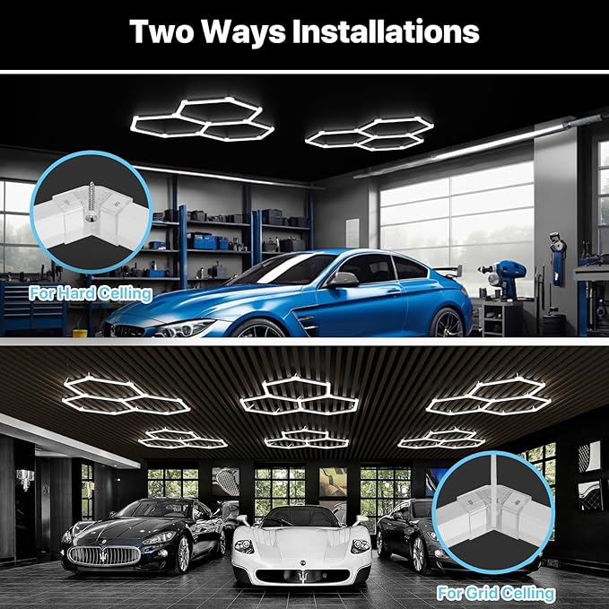 HYPERLITE Gen 2 Hexagon LED Lights: 105W 10500LM 3 Grids DIY Hexagon Led Lights, 6500K Ultra Bright, Easy Install, Durable Design for Garage, Car Detailing, Workshops, Basement, Gym