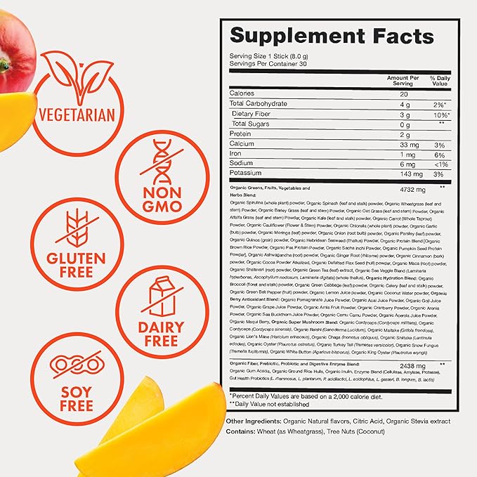 Zena Nutrition Organic Super Greens Powder, 70+ Superfoods, 0 Sugar, 3G Fiber, Spirulina, Chlorella, Mushrooms, Prebiotics/Probiotics, Digestive Enzymes for Gut Health, Mango, 30 Drink Mix Packets