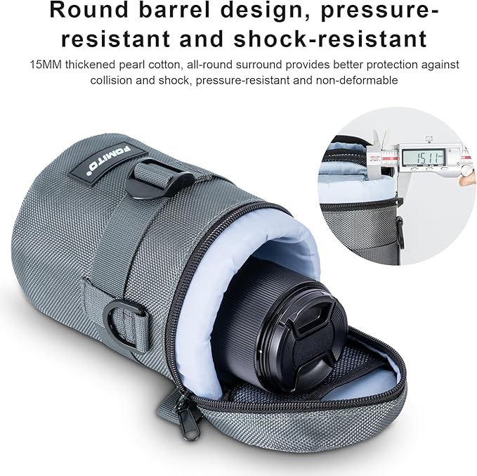 FOMITO Camera Lens Case Pouch Bag for Canon EF-S 17-55mm/17-85mm,EF 35mm f2, Nikon AF-S 18-200mm/18-105mm/18-300mm, Fujifilm XF 56mm f1.2 R & More Lens Below 3.94" x 6.1"(D x L) - Grey M size