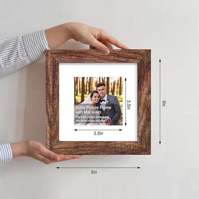 6x6 Picture Frame Set of 4, Made of Glass and Rustic Brown Wooden Frame - Display Picture 4x4 with Mat or 6 x 6 Without Mat, 6x6 Photo for Wall or Tabletop
