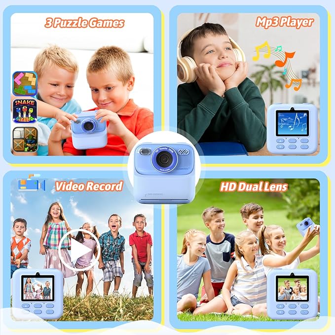 Kids Instant Digital Cameras for Boys and Girls, 1080P HD Dual-Lens Selfie Digital Camera with Print Paper & 32G Card, Christmas Birthday Gifts Toys for Toddler and Teenagers Age 3-16 Years Old
