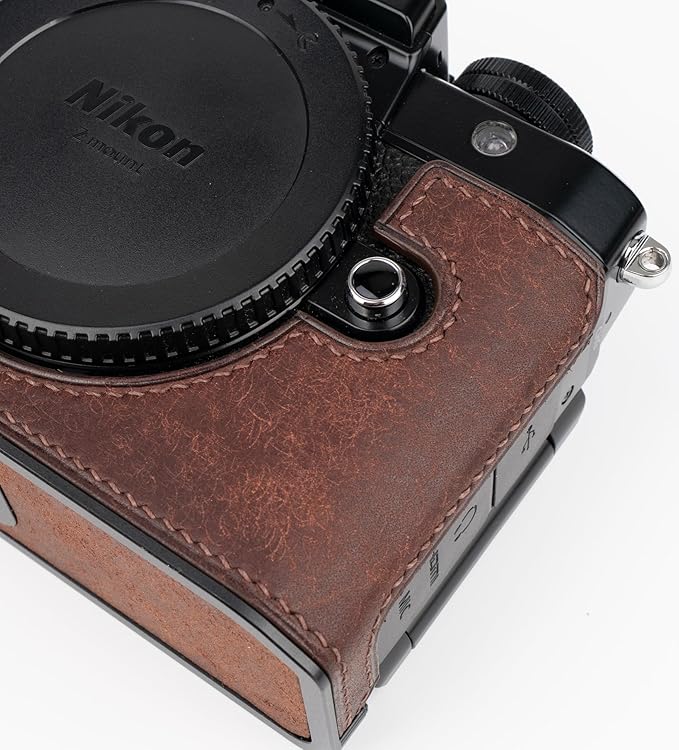 Handmade Genuine Leather Camera Half Case for Nikon ZF/Nikon ZF Camera Case - Top Layer Cowhide Body + Hand Sewn Saddle Stitch + Metal Base Plate (Dark Brown)