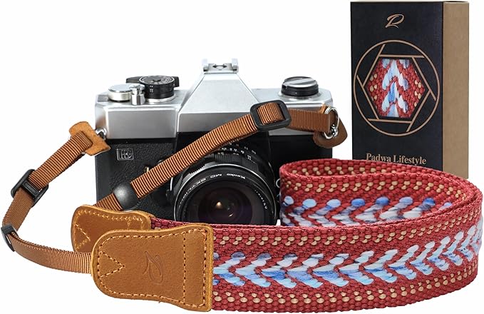 Padwa Lifestyle Speed Red Camera Strap - 1.5" Soft Cotton Rope Weave Crazy Horse Cowhide Head Camera Straps for Photographers and All Cameras,Cute Adjustable Vintage Woven Strap for Adults & Kids