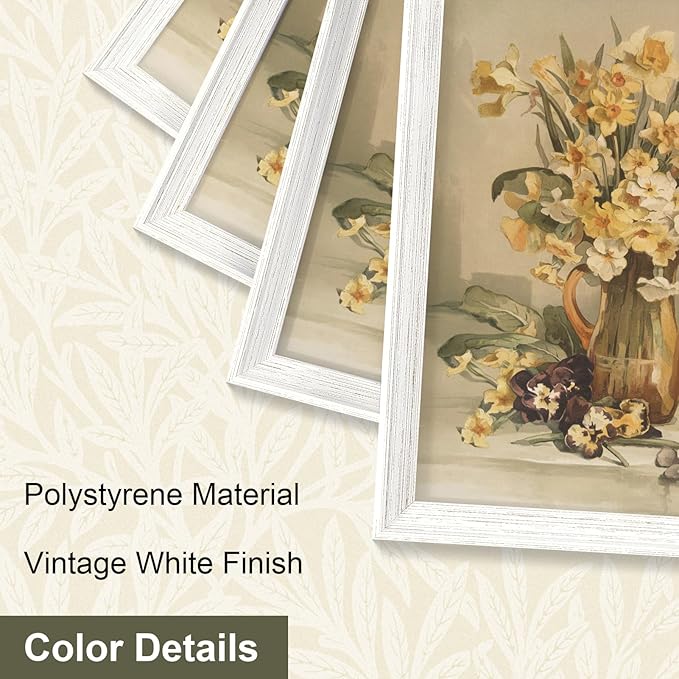 Vittanly 12x16 Picture Frame Set of 4, Vintage Photo Frame for Wall Mount, Display 8.5x11 Pictures with Mat or 12x16 without Mat, Rustic Farmhouse Home Decor, Vintage White