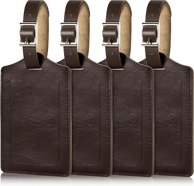Mayski 4 Pack Genuine Leather Luggage Tags for Suitcases TSA Approved Durable Baggage Tags, Travel Essentials for Flying, Brown