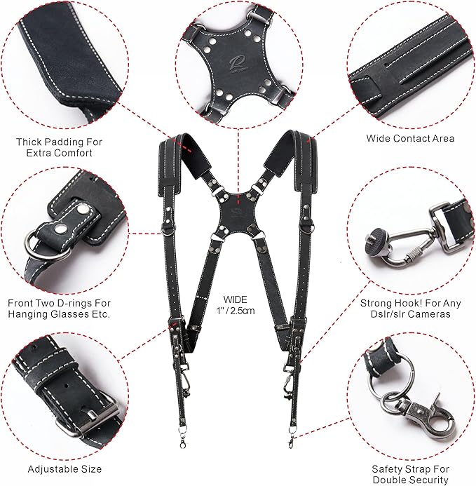Padwa Lifestyle Black Frosted Dual Camera Harness Strap for Two-Cameras - Dual Shoulder Full Grain Leather Harness,Multi Double Camera Gear for DSLR/SLR Strap,Double Camera Harness for Photographers