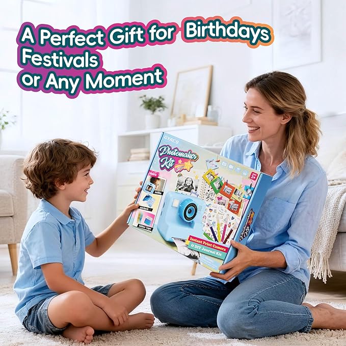 Kids Instant Print Camera, 1080P Selfie Video Camera with DIY Journal Kit – 200+ Accessories, Christmas & Birthday Gifts for Girls & Boys Ages 3-12 (Blue)