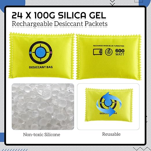 Lounsweer 24 Pack (100g Each) Rechargeable Silica Gel Desiccant Packets, Reusable Moisture Absorber for Storage Bins, Gun Safes, Camper and Cars, Desiccant Dehumidifier for Closets, Drawer, Luggage
