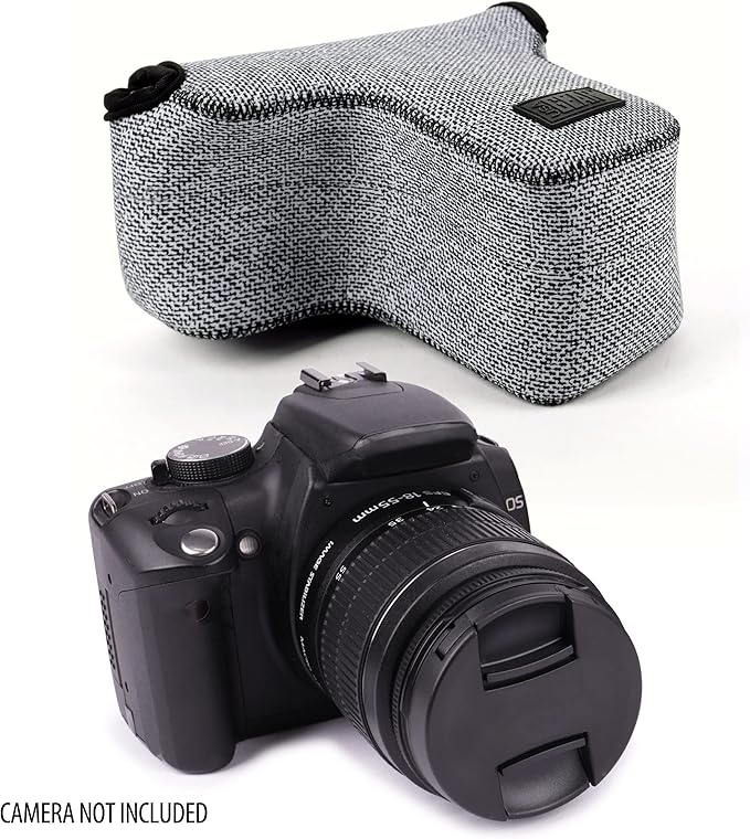 USA Gear Camera Sleeve (Medium) for Compact SLRs Compatible with Canon EOS R100 Nikon Z30 Sony ZV-E10, and more - Padded Neoprene DSLR Case with Zipper Accessory Pocket & Belt Loop (Gray Woven)