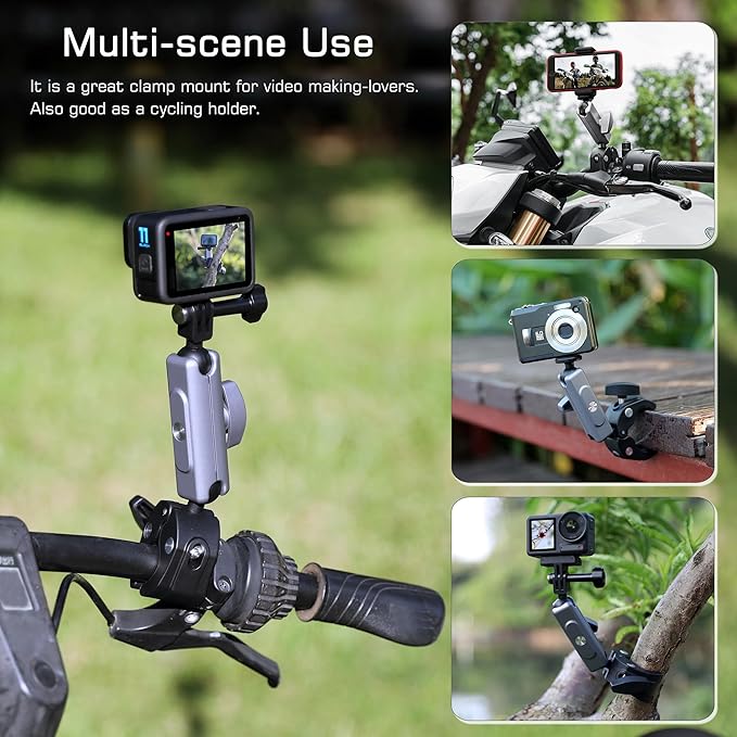 GEPULY Super Camera Clamp Mount for GoPro Insta360 - Dual 360° Ball Head Magic Arm Adapters with 1/4''-20 Screw, Phone Tripod Holder Mount for Bike Handlebar Fence Desk Tree Pole LED Light