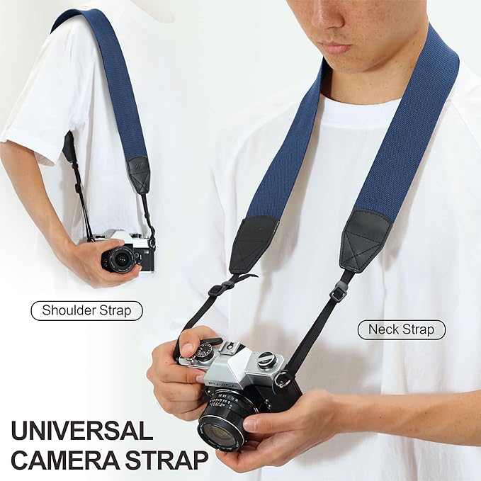 Padwa Lifestyle Blue Camera Strap - 2" Wide Genuine Leather Ends Camera Straps for Photographers, Vintage Cotton Woven Strap with Camera Quick Release Clips fits All Cameras and Binoculars