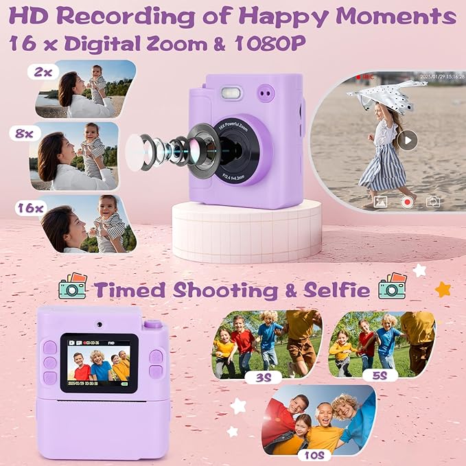 Kids Camera Instant Print, 1080P HD Dual-Lens Selfie Digital Camera with 5 Printing Paper Rolls & 32G TF Card, for Children, Portable Toddler Toy for Age 3-12 Boys & Girls (Purple)