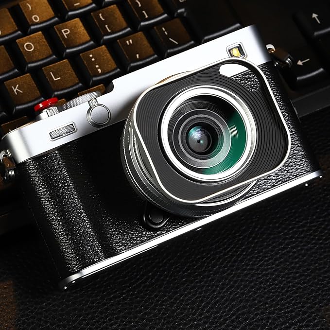 Haoge Metal Squaret Lens Hood for Fujifilm XE5 XF 23mm f2.8 Kit Fujinon XF27mmF2.8 R WR Lense Hood Silver with 39mm E39 Filter Thread,Screw-in Lens Hood with Hollow Out Designed