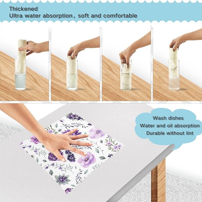 CaTaKu Purple Floral Watercolor Microfiber Cleaning Cloths Kitchen Dish Cloth Dish Rags for Washing Dishes, Reusable Dish Towels Washcloths for Kitchen Drying,6 Pack