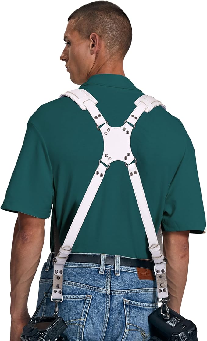 Padwa Lifestyle White Dual Camera Harness Strap for Two Cameras - Dual Shoulder Full Grain Leather Harness,Multi Double Camera Gear with Thick Padded,Double Camera Harness for Photographers