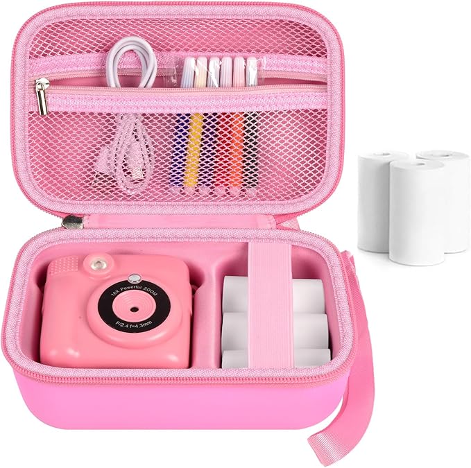 Kids Instant Print Camera Case for ESOXOFFORE Digital Video Cameras with 3 Rolls Paper Refill, Toddler Film Camera Storage Holder Bag with Mesh Pocket for Thermal Paper Accessories (Box Only) - Pink