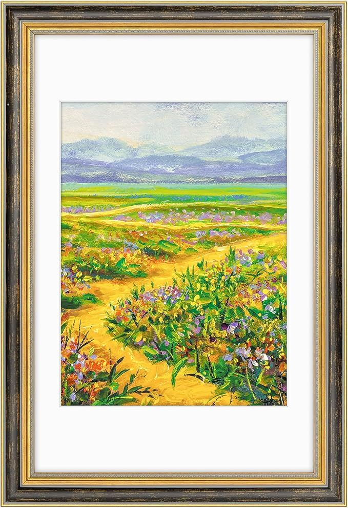 Golden State Art,11x17 Ornate Picture Frame for 9x12 Photo With Mat or 11 x 17 Prints Without Mat, Real Glass Wall Display Horizontally or Vertically (Color:Black Gold)