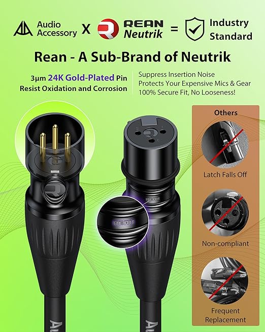 XLR Cables 10ft 1 Pack, Professional Gold-Plated Rean Connectors from Neutrik, Kevlar-Reinforced Nylon Braided Microphone Cable, Mic Cable, Durable Shielded and Balanced XLR Male to Female Cord