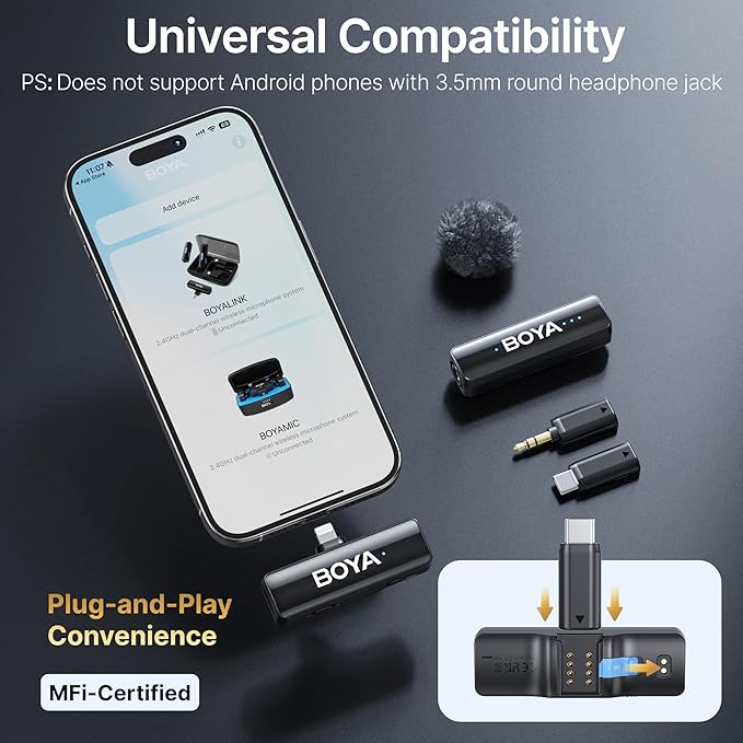 BOYA BOYALINK 2 A1 (1TX+3RX Adapter) Wireless Lavalier Microphone for iPhone Camera Android, Clip on Mic, 48 KHz 24 Bit, 1000ft, Noise Cancelling, Mini Lapel Mic USB-C/Lightning/3.5mm TRS