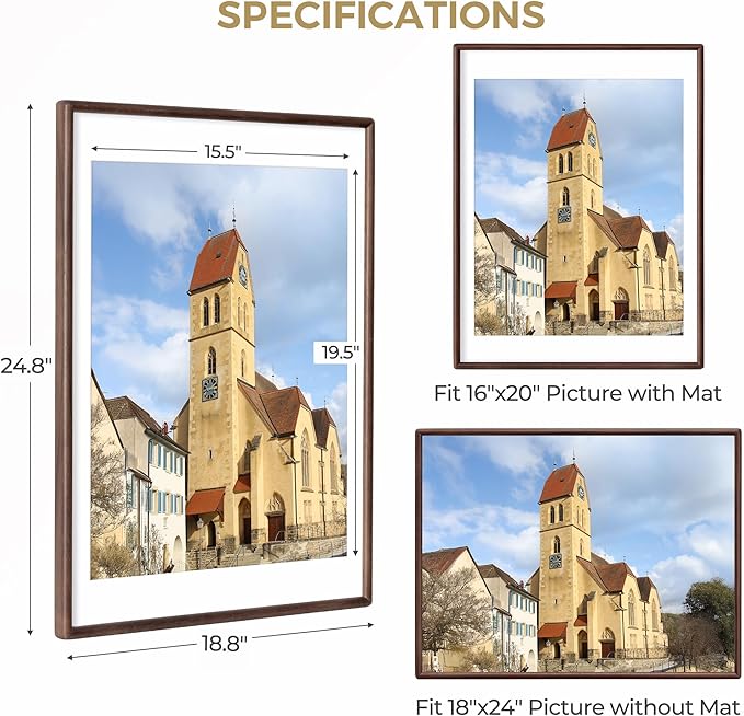 Dreamland 18x24 Frame Matted to 16x20 Solid Walnut Wood Picture Frames Handcrafted Rounded Corner with HD Tempered Glass Tabletop or Wall Mount Display, 1 Pack