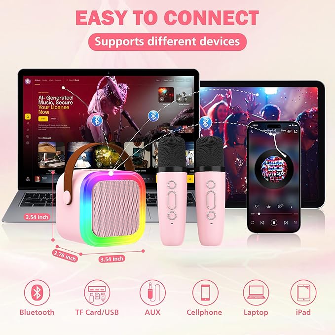 Mini Karaoke Machine for Kids Adults, Portable Bluetooth Speaker with 2 Wireless Microphones,Toys Birthday Gifts for Girls Ages 4, 5, 6, 7, 8,9,10,11,12+ Family Home Party (Pink)