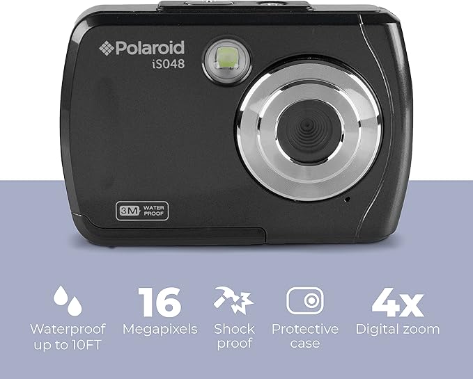 Polaroid IS048 Digital Camera - Small Lightweight Waterproof Instant Sharing 16 MP Digital Portable Handheld Action Camera (Black)