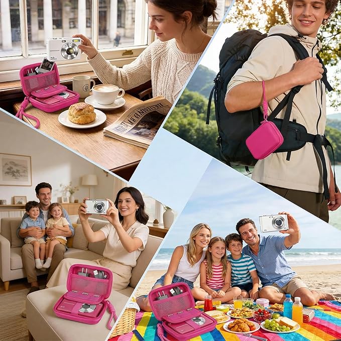 Digital Camera Case for CAMKORY/KODAK PIXPRO FZ45/FZ55/Canon IXUS 285 HS/AbergBest/Sony DSCW800/DSCW830 - Small Travel Compact Camera Holder with Mesh Pocket for SD Card & Accessories (Fuchsia)