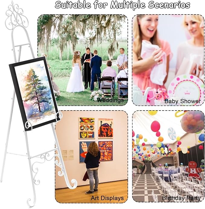 59" H Metal White Easel Stand for Sign, Large Adjustable Free Standing Scroll Display Easel for Wedding Sign Mirror Picture Poster Holder Showcasing
