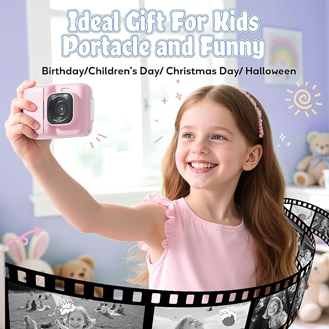 ETIKEZ Kids Camera, 1080P Instant Digital Print Camera for Kids, Christmas Birthday Gifts for 4 5 6 7 8 9 10 Year Old Girls Boys, Portable Toy with 32GB SD Card & 3 Rolls Printing Paper, Pink