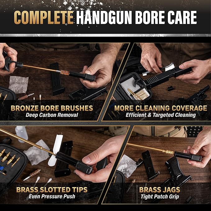 GLORYFIRE Gun Cleaning Kit Fits .22 .357/9mm .38 .40 .45 Cal Universal Handguns & Pistols Compact Carrying Case for Portability Multiple Styles with Brass or Plastic Jags & Tips for Shooting and Range