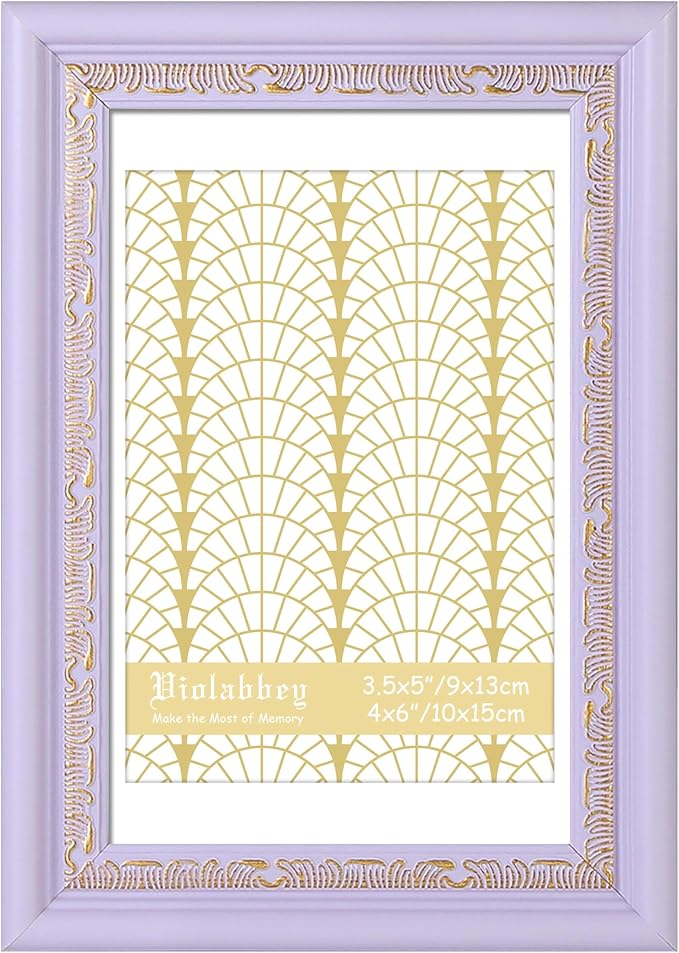VIOLABBEY 4x6 Picture Frame Purple Gold, Display 3.5x5 Photo with Mat or 4x6 without Mat, Ornate Vintage 4 x 6 Purple Gold Frame for Wall Decor or Tabletop Display