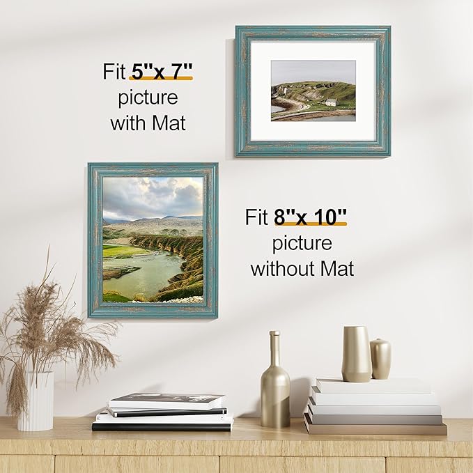 Vittanly 8x10 Picture Frames Set of 2, Ornate Vintage Photo Frame for Wall or Tabletop, Display 5x7 Pictures with Mat or 8x10 without Mat, Rustic Blue