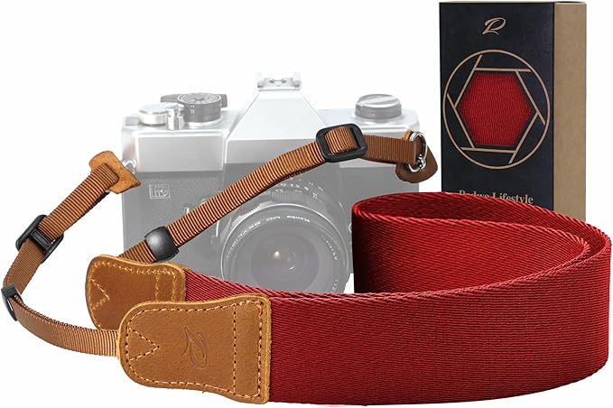 Padwa Lifestyle Red Camera Strap - Double Layer Crazy Horse Cowhide End,1.5" Wide Pure Cotton Woven Camera Straps,Adjustable Neck Shoulder Strap for All DSLR Cameras,Gift for Photographers