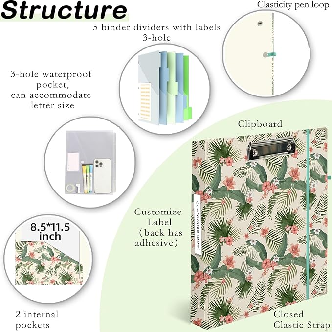 Etzul 3 Ring Binder 1 inch with Clipboard - Tropical Palm Leaf Design, Includes Dividers, File Bag & Spine Label - Perfect for School, Office, and Organization, Holographic Waterproof Film