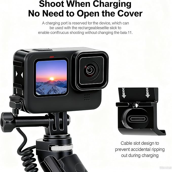 FIFIELD Battery Door Cover Compatible with GoPro Hero 13/12/11/10/9 Black, Protective Case with Type-C Charging Mount Compatible with Go Pro Hero 13 Hero 12 Hero 11 Hero 10 Hero 9, w/Cold Shoe