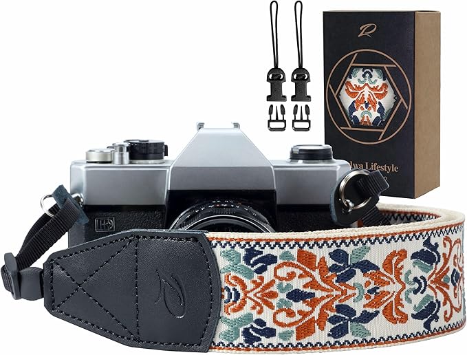 Padwa Lifestyle 2" Retro Jacquard Embroidery Camera Strap, Adjustable, Wide DSLR/SLR Camera Neck/Shoulder Strap with Genuine Leather Head (White Classic Flower)