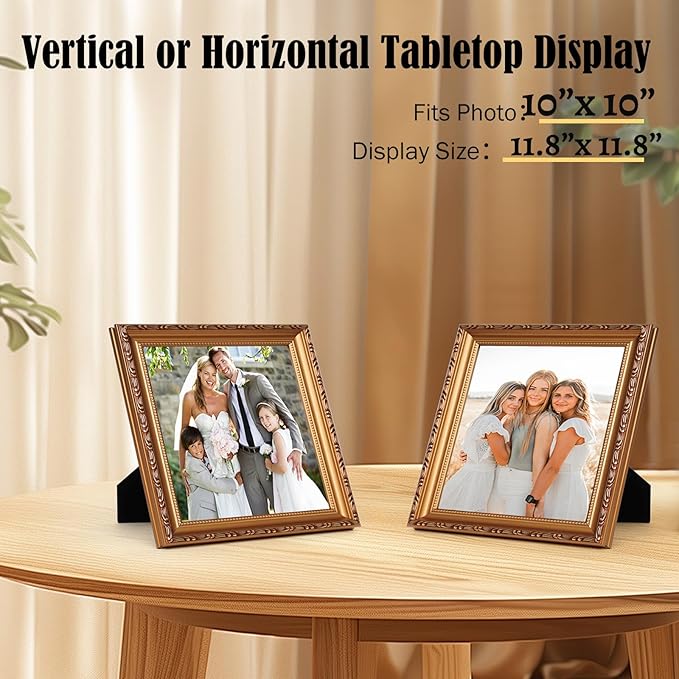 10×10 Picture Frame Gold - Picture Frames for Wall Hanging And Tabletop Display, Ornate Photo Frame for Poster,Vintage Frames,Christmas Frames,with Durable Plexiglass