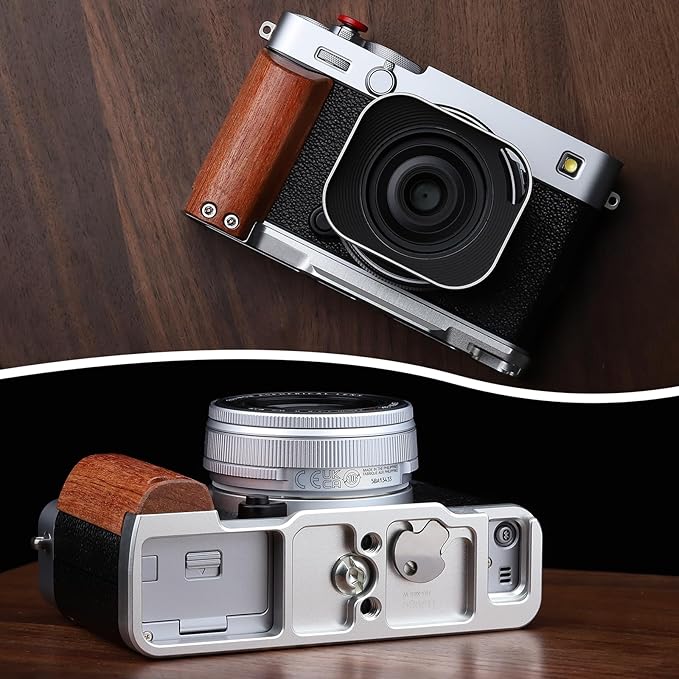 Haoge X-E5 L-Shape Grip for Fujifilm XE-5 Camera - Retro Grip Wooden Side Handle with Arca-Swiss Quick Release Plate-Silver, Extra Tripod 1/4 Hole & Hot Shoe Hole HG-XE5-W