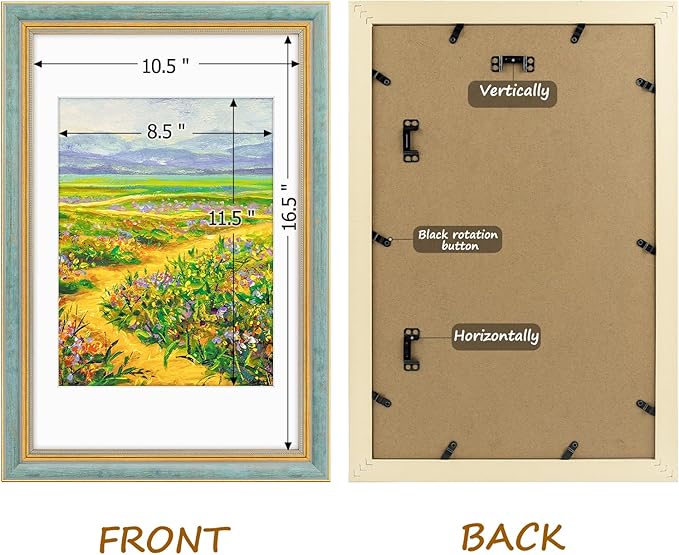 Golden State Art,11x17 Ornate Picture Frame for 9x12 Photo With Mat or 11 x 17 Prints Without Mat, Real Glass Wall Display Horizontally or Vertically (Color:Distressed Blue Gold)