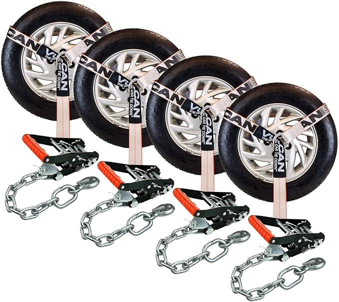VULCAN Car Tie Down with Chain Anchors - Lasso Style - 2 Inch x 96 Inch - 4 Pack - Silver Series - 3,300 Pound Safe Working Load