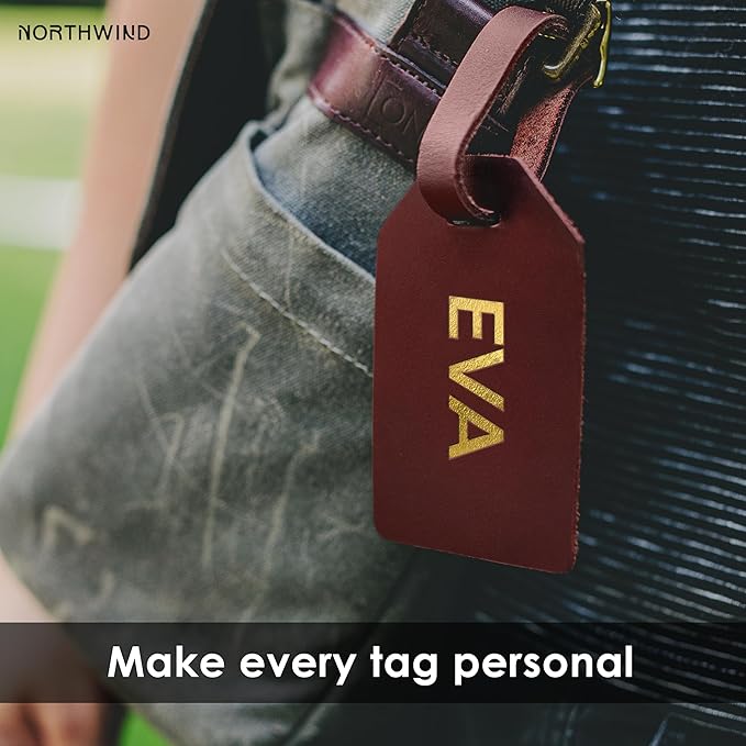 Northwind Personalized Leather Luggage Tag – Made in USA - Custom Monogram Travel Bag Tag, Handmade Premium Leather with Secure Strap, Unique Durable Travel Accessory Gift for Him and Her