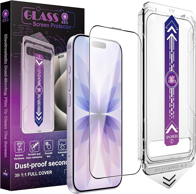 SHANG PIN JIA 2 Pack Screen Protector Tempered Glass for iPhone 17&16 Pro 6.3-Inch Auto Dust Removal, No Bubbles, High Definition Clear, Easy Installation